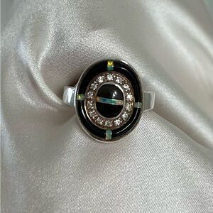 Art deco Sterling Silver With Onyx, Opal, And Tigers Eye Inlay. Size 9